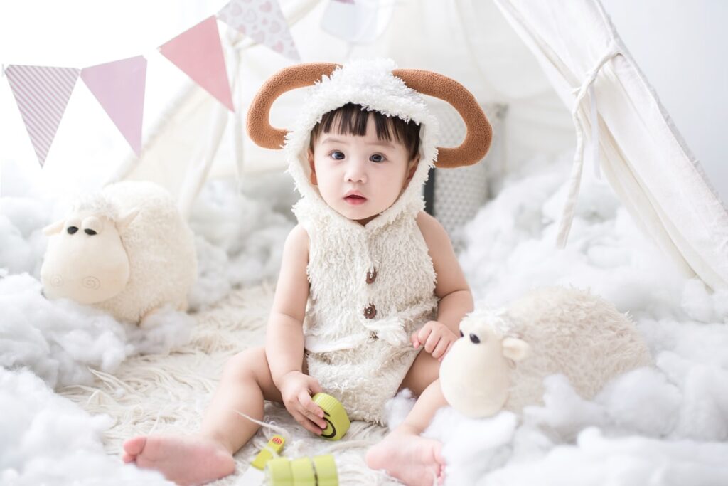 羊風の服を着て座る赤ちゃん
